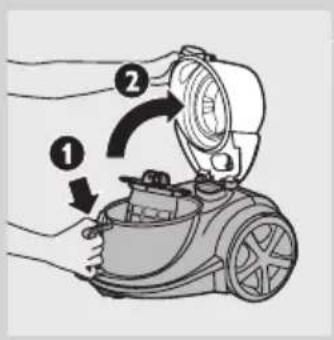 Diagram showing a hand holding a vacuum cleaner with labeled parts, including steps 1 and 2.