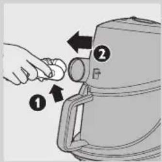 Diagram showing a hand pressing down on a device with numbered annotations indicating steps 1 and 2.