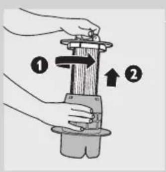 Diagram showing two hands operating a mechanical device with directional arrows and numbered callouts