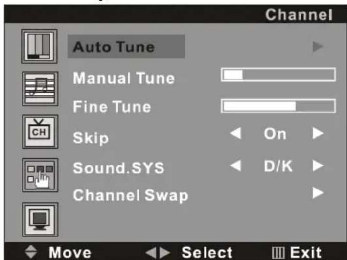 Channel Auto Tune Manual Tune Fine Tune Skip Sound.SYS Channel Swap On D/K Move Select Exit