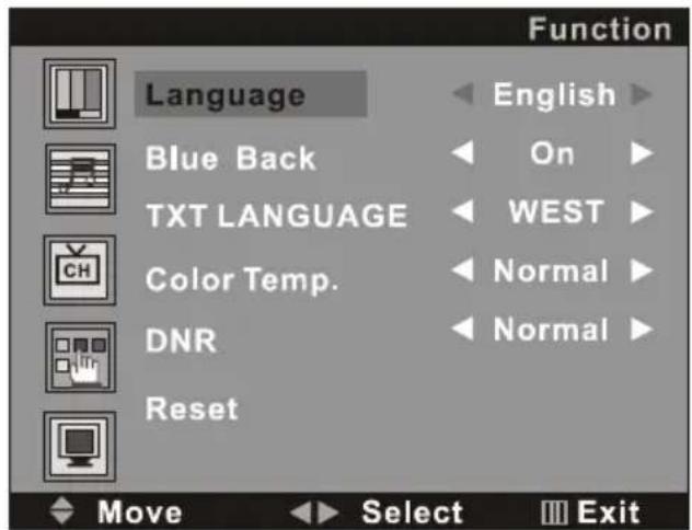Function Language Blue Back TXT LANGUAGE Color Temp. DNR Reset English On WEST Normal Normal Move Select Exit