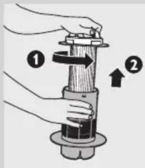 Diagram showing two hands operating a mechanical device with directional arrows indicating motion or force directions.