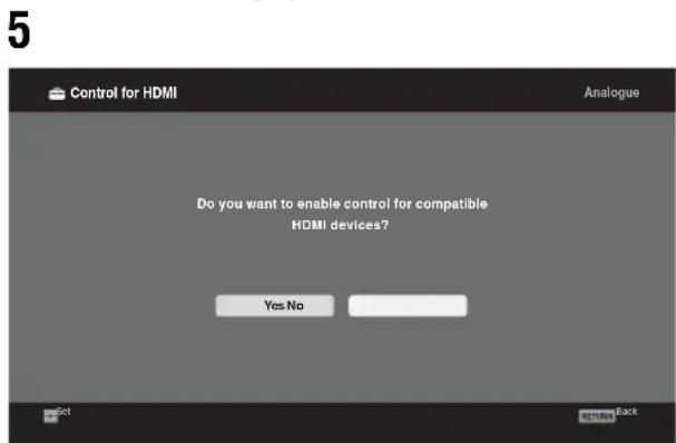 5 Control for HDMI Analogue Do you want to enable control for compatible HDMI devices? Yes No Set Returns Back
