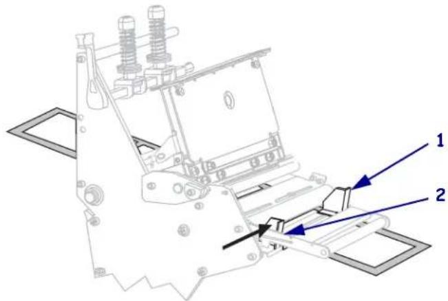 Technical diagram of a mechanical assembly with labeled parts 1 and 2, showing structural components and directional arrows.