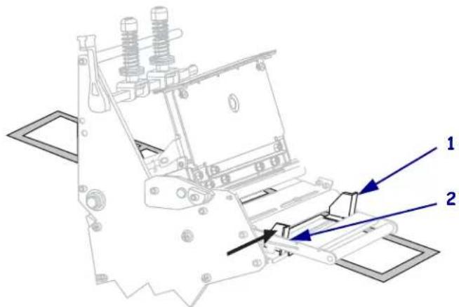 Technical diagram of a mechanical assembly with labeled parts 1 and 2, showing structural components and directional arrows.