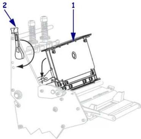 Technical diagram of a mechanical device with labeled parts 1 and 2, showing internal components and directional arrows.