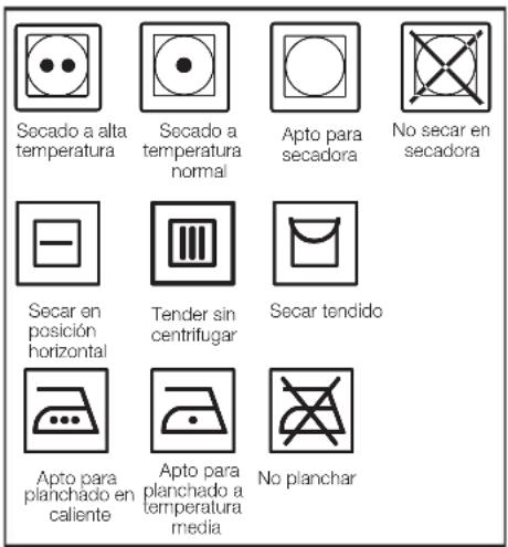 Secado a alta temperatura Secado a temperatura normal Apto para secadora No secar en secadora Secar en posición horizontal Tender sin centrifugar Secar tendido Apto para planchado en caliente Apto para planchado a temperatura media No planchar