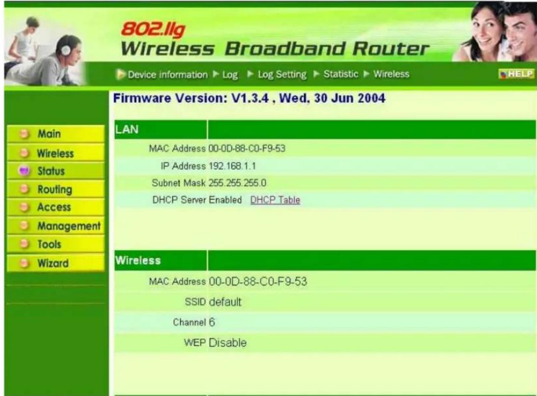 802.llg Wireless Broadband Router ► Device information ► Log ► Log Setting ► Statistic ► Wireless Firmware Version: V1.3.4, Wed, 30 Jun 2004 LAN MAC Address 00-0D-88-C0-F9-53 IP Address 192.168.1.1 Subnet Mask 255.255.255.0 DHCP Server Enabled DHCP Table Wireless MAC Address 00-0D-88-C0-F9-53 SSID default Channel 6 WEP Disable