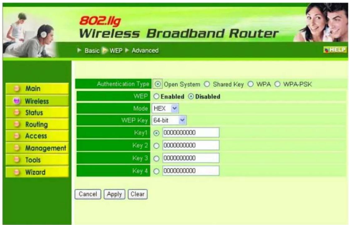 802.llg Wireless Broadband Router Basic ▶ WEP ▶ Advanced Authentication Type ○ Open System ○ Shared Key ○ WPA ○ WPA-PSK WEP ○ Enabled ○ Disabled Mode HEX WEP Key 64-bit Key1 ○ 0000000000 Key 2 ○ 0000000000 Key 3 ○ 0000000000 Key 4 ○ 0000000000 Cancel Apply Clear