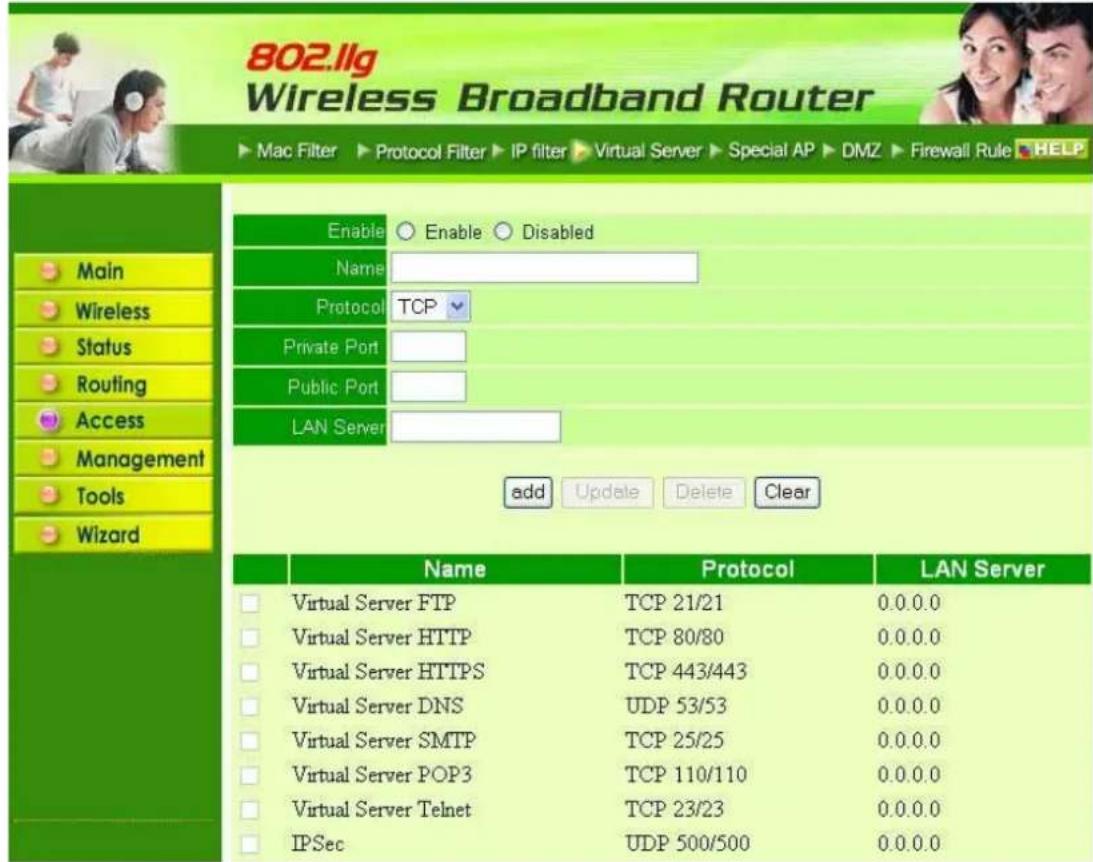 802.lig Wireless Broadband Router ► Mac Filter ► Protocol Filter ► IP filter ► Virtual Server ► Special AP ► DMZ ► Firewall Rule ► HELP Enable ○ Enable ○ Disabled Name Protocol TCP Private Port Public Port LAN Server add Update Delete Clear Main Wireless Status Routing Access Management Tools Wizard Name Protocol LAN Server Virtual Server FTP TCP 21/21 0.0.0.0 Virtual Server HTTP TCP 80/80 0.0.0.0 Virtual Server HTTPS TCP 443/443 0.0.0.0 Virtual Server DNS UDP 53/53 0.0.0.0 Virtual Server SMTP TCP 25/25 0.0.0.0 Virtual Server POP3 TCP 110/110 0.0.0.0 Virtual Server Telnet TCP 23/23 0.0.0.0 IPSec UDP 500/500 0.0.0.0