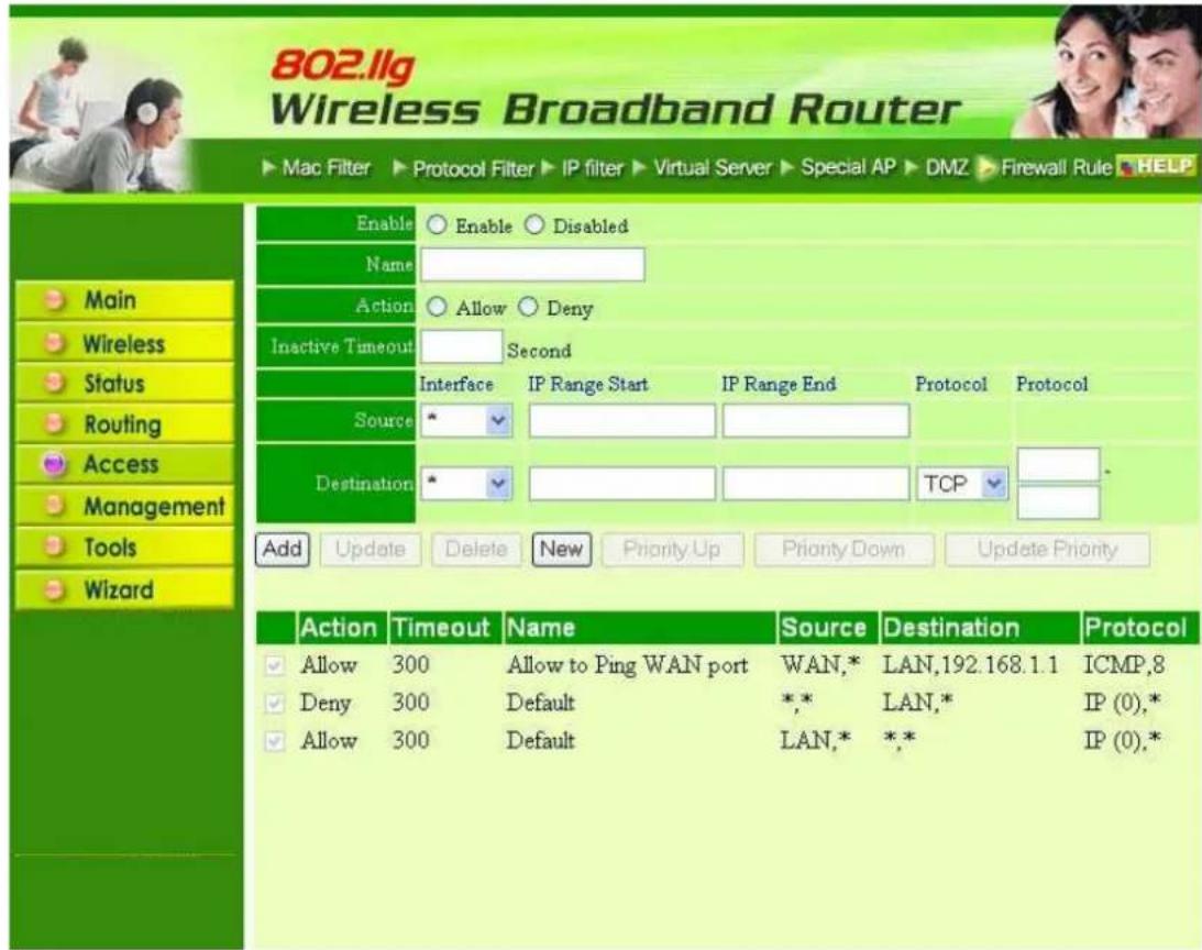 802.llg Wireless Broadband Router ► Mac Filter ► Protocol Filter ► IP filter ► Virtual Server ► Special AP ► DMZ ► Firewall Rule ► HELP Enable ○ Enable ○ Disabled Name Action ○ Allow ○ Deny Inactive Timeout Second Interface IP Range Start IP Range End Protocol Protocol Source * Destination * TCP * Add Update Delete New Priority Up Priority Down Update Priority Action Timeout Name Source Destination Protocol Allow 300 Allow to Ping WAN port WAN,* LAN,192.168.1.1 ICMP,8 Deny 300 Default *,* LAN,* IP (0),* Allow 300 Default LAN,* ** IP (0),*