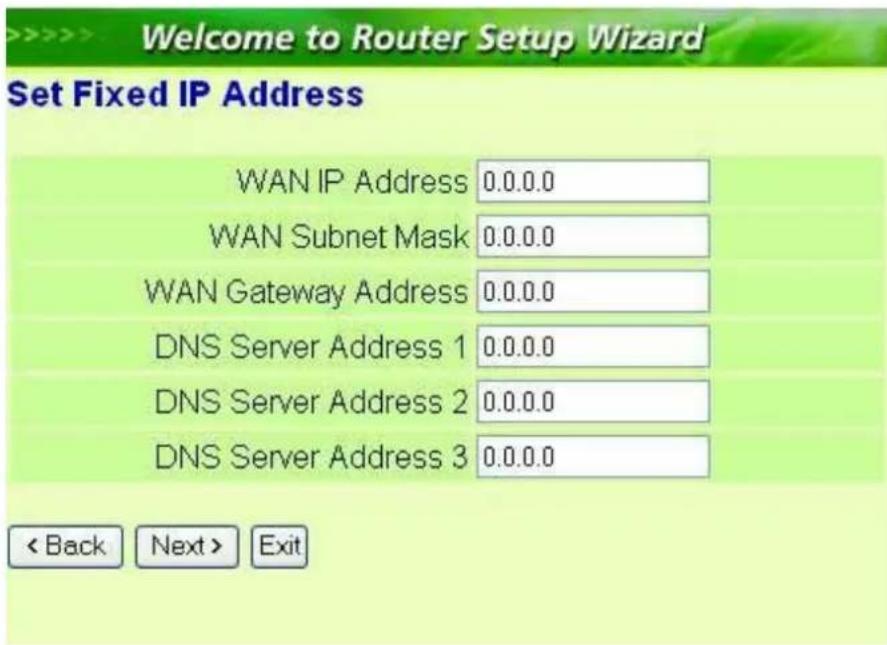Welcome to Router Setup Wizard Set Fixed IP Address WAN IP Address 0.0.0.0 WAN Subnet Mask 0.0.0.0 WAN Gateway Address 0.0.0.0 DNS Server Address 1 0.0.0.0 DNS Server Address 2 0.0.0.0 DNS Server Address 3 0.0.0.0 < Back Next > Exit