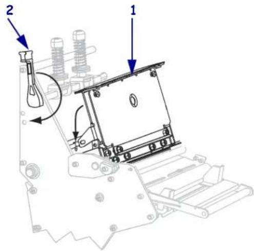 Technical diagram of a mechanical device with labeled parts 1 and 2, showing internal components and directional arrows.