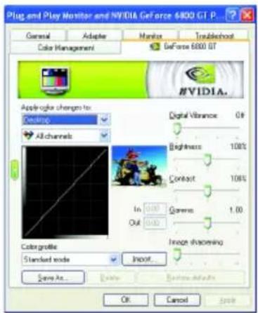 Plug and Play Monitor and NVIDIA GeForce 6800 GT P... General Adapler Monitor Troubleshoot Color Management DeForce 6800 GT Apply color changes for Ceiling All channels Digital Vibration 0% Brightness 100% Contrast 100% In: 0.00 Out: 0.00 Games 1.00 Image shuffling Color profile Standard node Import... Save As... OK Cancel Start