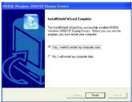 NVIDIA Windows 2000/XP Display Drivers InstallShield Wizard Complete The InstallShield Wizard has successfully installed NVIDIA Windows 2000/XP Display Drivers. Before you can use the program, you must install your computer. ✓ Yes_I want to restart my computer now. ○ No_I will restart my computer task.