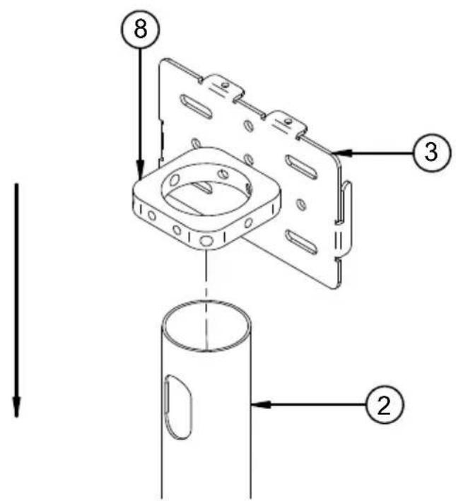Technical diagram showing mechanical assembly with numbered components and directional arrows indicating assembly steps.