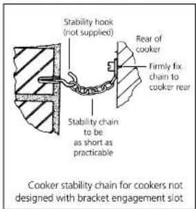 Stability hook (not supplied) Rear of cooker Firmly fix. chain to cooker rear Stability chain to be as short as practicable Cooker stability chain for cookers not designed with bracket engagement slot