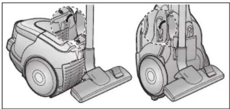 Technical illustration of a vacuum cleaner's side view showing internal components and mounting base (no text or symbols)