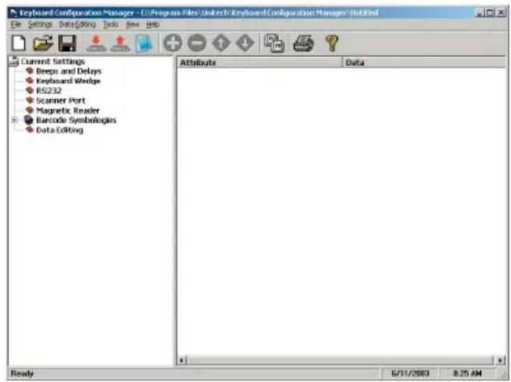 Keyboard Configuration Manager - C:\Program Files\Unitech\Keyboard Configuration Manager\Installed File Settings Data Editing Tools Save Help Current Settings Beeps and Delays Keyboard Wedge RS232 Scanner Port Magnetic Reader Barcode Symbologics Data Editing Attribute Data Ready 6/11/2003 8:25 AM
