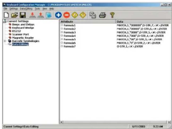 Keyboard Configuration Manager - C:\PROGRAM FILES\USTECH\PRJ.CRG File Settings Data\Drawing Tools New Help Current Settings Beeps and Delays Keyboard Wedge RS232 Scanner Port Magnetic Reader Barcode Symbalogies Data Editing Attribute Data Formula1 MATCH,1,"000000",D-STR,7,<#>.ENTER Formula2 MATCH,1,"00000",D-STR,6,<#>.ENTER Formula3 MATCH,1,"0000",D-STR,5,<#>.ENTER Formula4 MATCH,1,"000",D-STR,4,<#>.ENTER Formula5 MATCH,1,"00",D-STR,3,<#>.ENTER Formula6 MATCH,1,"0",D-STR,2,<#>.ENTER Formula7 D-STR,1,<#>.ENTER Current Settings\Data Editing 6/11/2003 9:23 AM