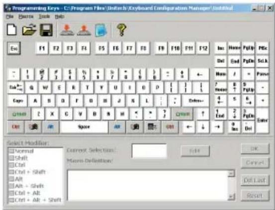 Programming Keys - C:\Program Files\SnTech\Keyboard Configuration Manager\SnTech File Edit Tools Help F1 F2 F3 F4 F5 F6 F7 F8 F9 F10 F11 F12 End End PgUp Sel. Name / - P#### G W E R T Y U I O D L 1 1 1 A B D E H J K L 4 5 6 7 8 9 10 11 12 C++ A B C V D W H M < > ? / 3 Out Air Space Out Out ← ↓ → 9 Inn Del Select Modifier: Normal Shift Ctrl Ctrl + Shift Alt Alt + Shift Ctrl + Alt Ctrl + Alt + Shift Current Selection: Micro Definition: OK Cancel Del Last Reset