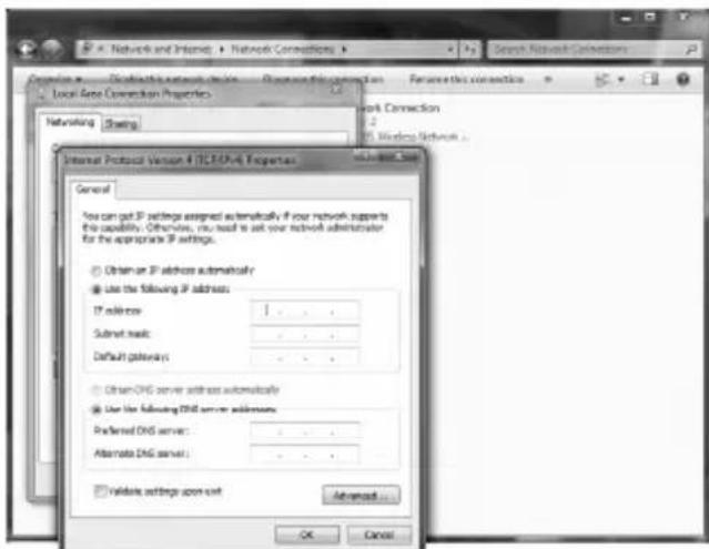 Network and Internet Network Connections Search Network Connections Local Gene Connection Properties Networking Starting Network Connection 2.0 IP, Windows Network Internet Protocol Version 4 (TCP/IPA) Properties General You can get IP settings assigned automatically if your network supports this capability. Otherwise, you need to ask your network administrator for the appropriate IP settings. Other an IP address automatically Use the following IP address: IP addresses: 1 ... ... Submit mask: ... Default gateway: ... Other ONS server address automatically Use the following ONS server addresses: Preferred ONS server: ... Alternate ONS server: ... Validate settings upon exit Advanced OK Cancel