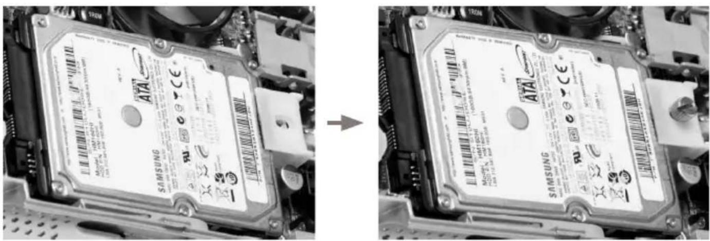 Close-up photo of a Samsung hard disk drive showing its printed label and assembly process, with visible branding and mounting hardware.