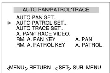 AUTO PAN/PATROL/TRACE AUTO PAN SET.. AUTO PATROL SET.. AUTO TRACE SET.. A. PAN/TRACE VIDEO.. RM. A. PAN KEY A. PAN RM. A. PATROL KEY A. PATROL RETURN SUB MENU