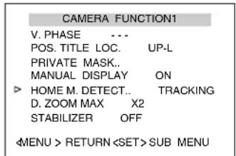 CAMERA FUNCTION1 V. PHASE .... POS. TITLE LOC. UP-L PRIVATE MASK.. MANUAL DISPLAY ON ► HOME M. DETECT.. TRACKING D. ZOOM MAX X2 STABILIZER OFF RETURN SUB MENU