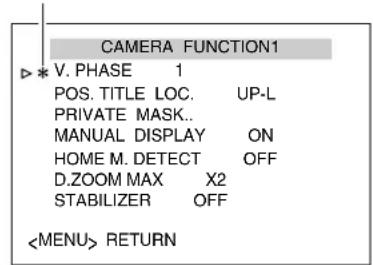 CAMERA FUNCTION1 V. PHASE 1 POS. TITLE LOC. UP-L PRIVATE MASK.. MANUAL DISPLAY ON HOME M. DETECT OFF D.ZOOM MAX X2 STABILIZER OFF RETURN