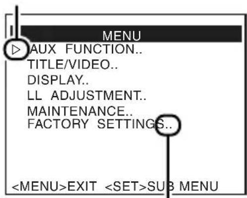 MENU AUX FUNCTION.. TITLE/VIDEO.. DISPLAY.. LL ADJUSTMENT.. MAINTENANCE.. FACTORY SETTINGS.. EXIT SUB MENU