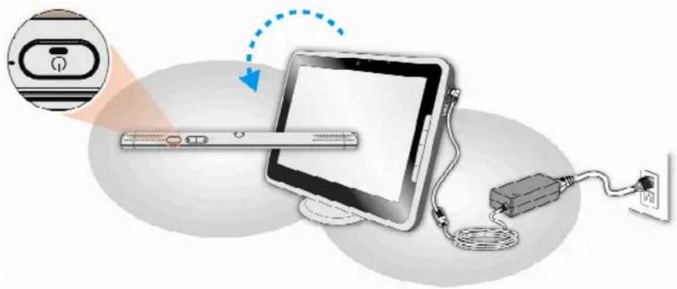 Diagram illustrating a device connection with labeled components including a screen, cable, and power outlet, alongside an icon of a device with a lock.