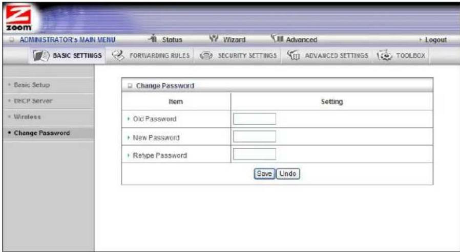 ADMINISTRATOR's MAIN MENU Status Wizard Advanced Logout BASIC SETTINGS FORWARDING RULES SECURITY SETTINGS ADVANCED SETTINGS TOOLBOX • Basic Setup • DHCP Server • Wireless • Change Password Change Password Item Setting • Old Password • New Password • Reype Password Save Undo