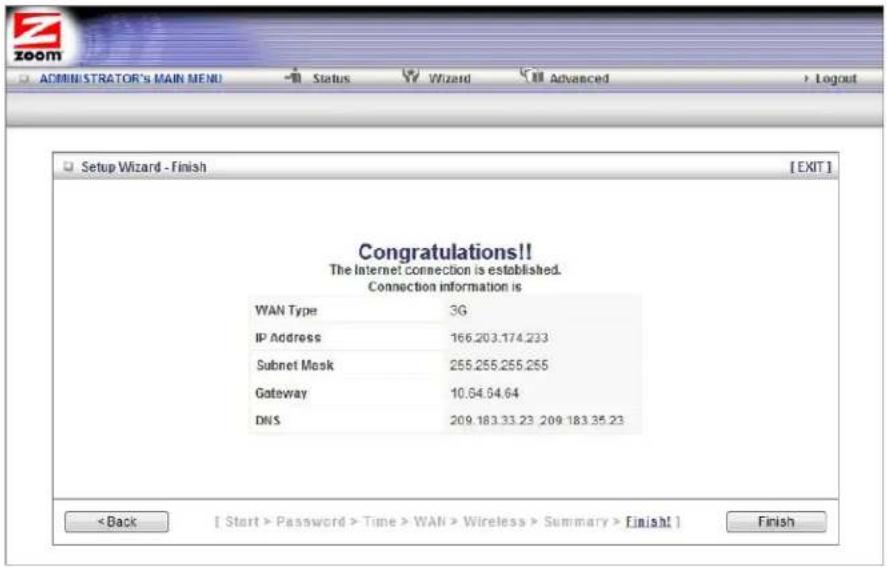 ZOOM ADMINISTRATOR'S MAIN MENU Status Wizard Advanced Setup Wizard - Finish [EXIT] Congratulations!! The Internet connection is established. Connection information is WAN Type 3G IP Address 166.203.174.233 Subnet Mask 255.255.255.255 Gateway 10.64.64.64 DNS 209.183.33.23 209.183.35.23 < Back [ Start > Password > Time > WAN > Wireless > Summary > Finish! ] Finish
