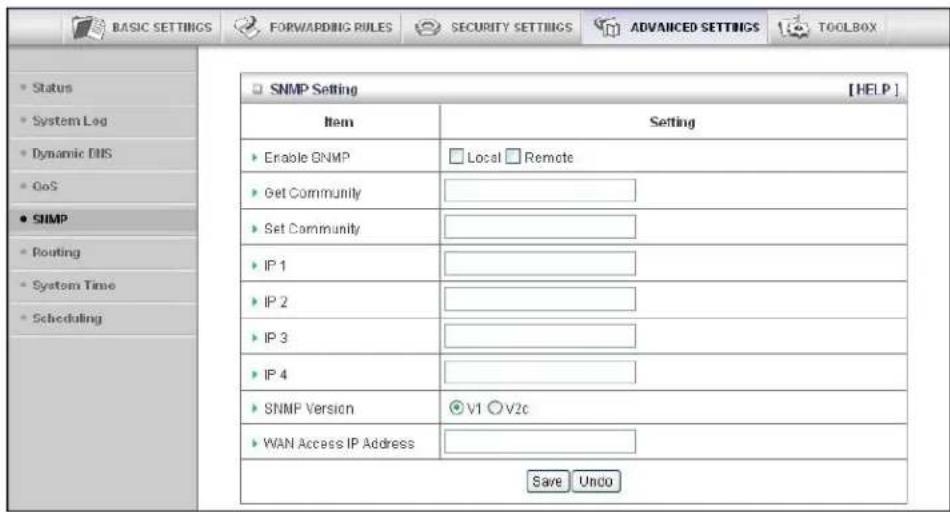 BASIC SETTINGS FOR/WARDING RULES SECURITY SETTINGS ADVANCED SETTINGS TOOLBOX Status System Log Dynamic DNS CoS SNMP Routing System Time Scheduling SNMP Setting [HELP] Item Setting Enable SNMP Local Remote Get Community Set Community IP 1 IP 2 IP 3 IP 4 SNMP Version V1 V2c WAN Access IP Address Save Undo