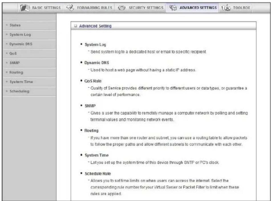 BASIC SETTINGS FORWARDING RULES SECURITY SETTINGS ADVANCED SETTINGS TOOLBOX Status System Log Dynamic DNS QoS SNMP Routing System Time Scheduling Advanced Setting System Log Send system log to a dedicated host or email to specific recipient. Dynamic DNS Used to host a web page without having a static IP address. CoS Rule Quality of Service provides different priority to different users or data types, or guarantee a certain level of performance. SNMP Gives a user the capability to remotely manage a computer network by polling and setting terminal values and monitoring network events. Routing If you have more than one router and subnet, you can use a routing table to allow packets to follow the proper paths and allow different subnets to communicate with each other. System Time Let you set up the system time of this device through 0NTP or PC's clock. Schedule Rule Allows you to sattime limits on when users can access the internet. Select the corresponding rule number for your Virtual Server or Packet Filter to limit when these rules are applied.