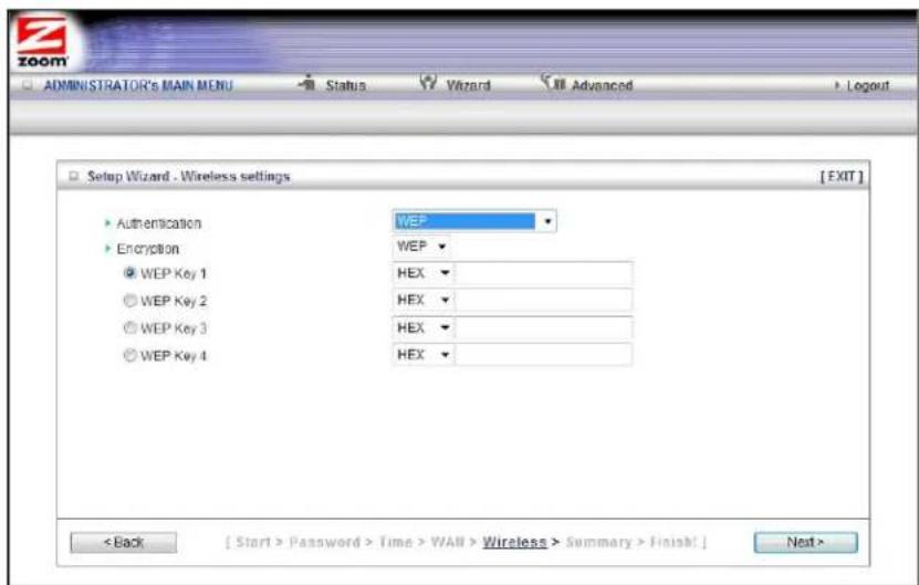 ZOOM ADMINISTRATOR'S MAIN MENU Status Wizard Advanced > Logout Setup Wizard - Wireless settings [ EXIT ] Authentication Encryption WEP WEP HEX HEX HEX HEX WEP Key 1 WEP Key 2 WEP Key 3 WEP Key 4 < Back [ Start > Password > Time > WAN > Wireless > Summary > Finish] Next >