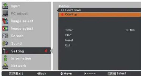 Input PC adjust Image select Image adjust Scream Sound Setting Information Network P-amer Count down Count up Timer 30 Min Start Reset Exit Exit Back Move Select