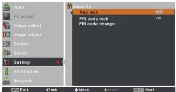 Input PC adjust Image select Image adjust Screen Sound Setting Information Network Security Key look PIN code lock Off PIN code change MENU Exit 4Back Move 删除 Next