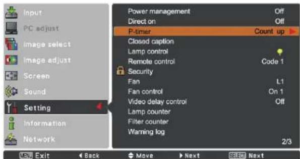 Input PC adjust Image select Image adjust Screen Sound Setting Information Network Power management Off Direct on Off P-timer Count up ▶ Closed caption Lamp control Remote control Code 1 Security Fan L1 Fan control On 1 Video delay control Off Lamp counter Filter counter Warning log 2/3 Exit Back Mo…