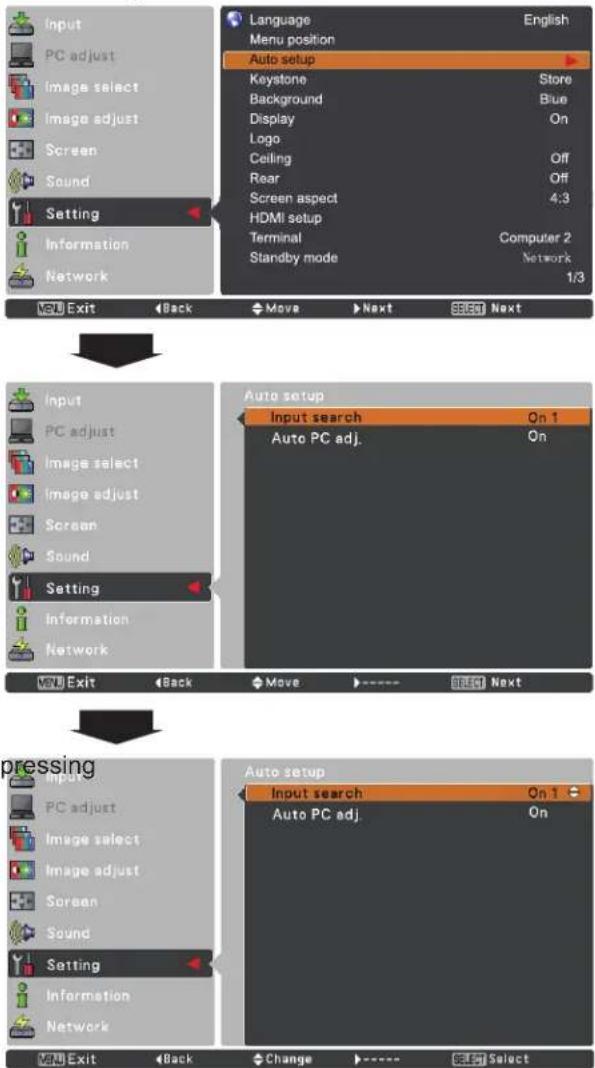 Input PC adjust Image select Image adjust Screen Sound Setting Information Network Language Menu position Auto setup Keystone Store Background Blue Display On Logo Ceiling Off Rear Off Screen aspect 4:3 HDMI setup Terminal Computer 2 Standby mode Network 1/3 VNU Exit Back Move Next SELECT Next Input…