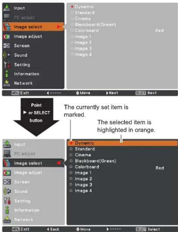 Input PC adjust Image select Image adjust Screen Sound Setting Information Network Dynamic Standard Cinema Blackboard(Green) Colorboard Image 1 Image 2 Image 3 Image 4 Red Point or SELECT button The currently set item is marked. The selected item is highlighted in orange. Input PC adjust Image selec…