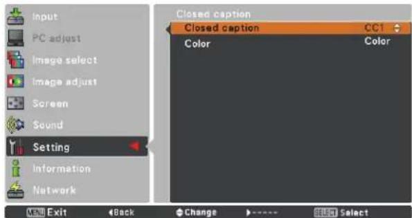Input PC adjust Image select Image adjust Screen Sound Setting Information Network Closed caption Closed caption CC1 Color Color NEW Exit Back Change Select