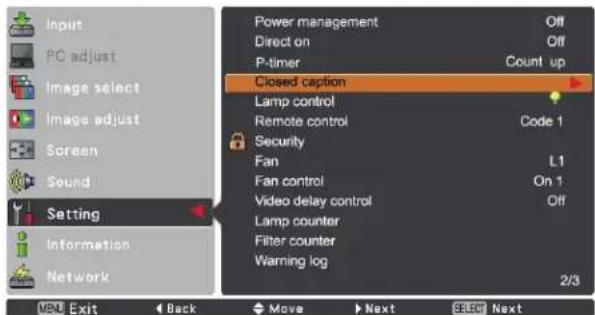 Input PC adjust Image select Image adjust Screen Sound Setting Information Network Power management Off Direct on Off P-timer.Count up Closed caption Lamp control Remote control Code 1 Security Fan L1 Fan control On 1 Video delay control Off Lamp counter Filter counter Warning log 2/3 VEM Exit Back…