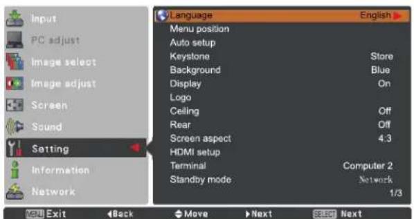 Input PC adjust Image select Image adjust Screen Sound Setting Information Network Language Menu position Auto setup Keystone Store Background Display On Logo Ceiling Off Rear Off Screen aspect 4.3 HDMI setup Terminal Computer 2 Standby mode Network 1/3 MENU Exit Back Move Next SOCT Next