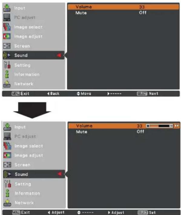 Input PC adjust Image select Image adjust Screen Sound Setting Information Network VND Exit Back Volume 33 Mute Off Move SELECT Next Input PC adjust Image select Image adjust Screen Sound Setting Information Network VND Exit Adjust Volume 33 Mute Off Adjust Set