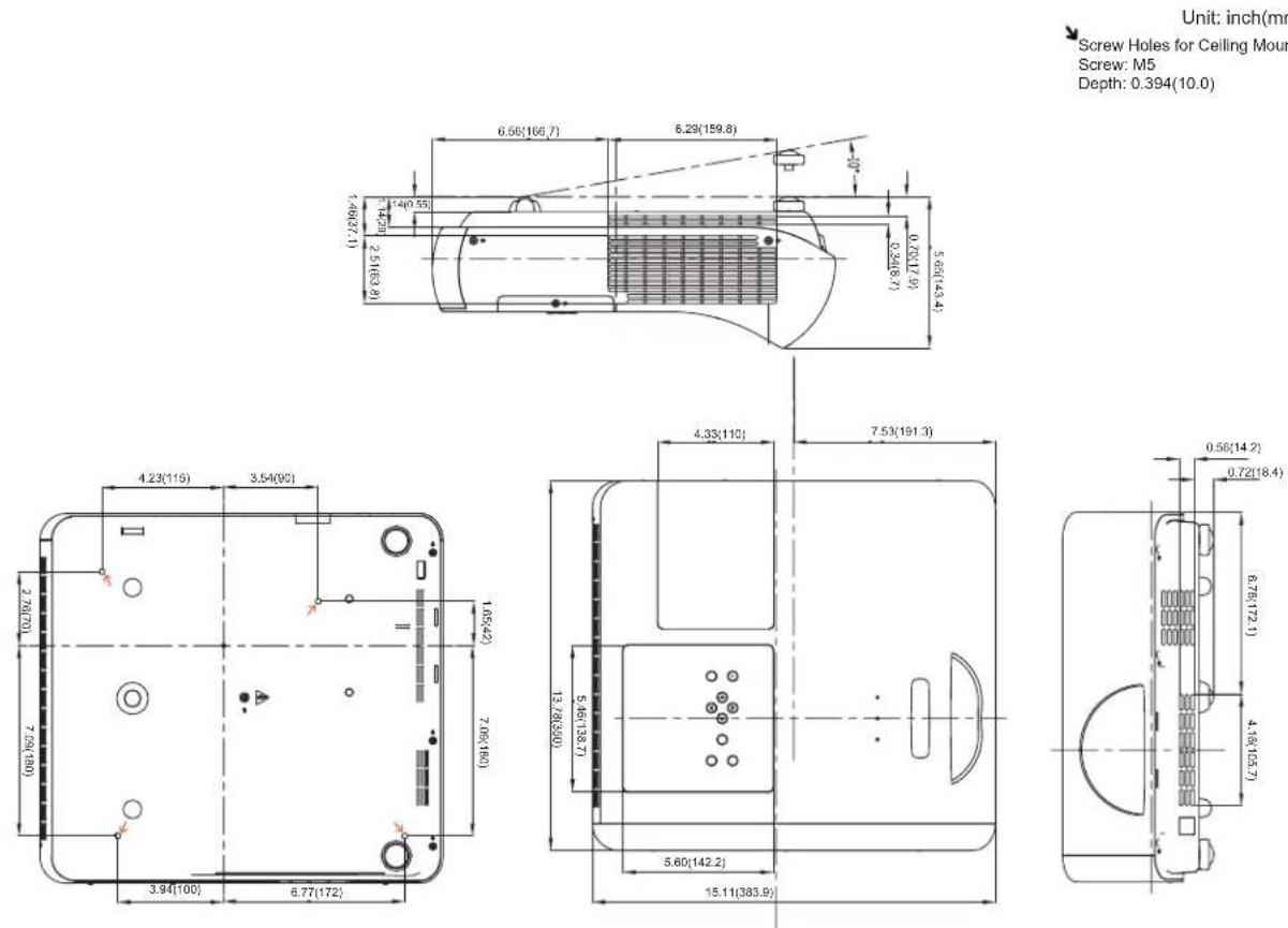Unit: inch(mm) Screw Holes for Ceiling Mount Screw: M5 Depth: 0.394(10.0) 6.56(166,7) 8.29(159.8) 140.55 1.46(37.1) 2.51(63.8) 0.72(17.9) 0.24(8.7) 5.65(43.4) 4.23(115) 3.54(90) 4.33(110) 7.53(191.3) 2.28(70) 1.05(42) 7.25(180) 13.78(390) 5.46(138.7) 5.60(142.2) 3.94(100) 6.77(172) 15.11(383.9) 0.56…