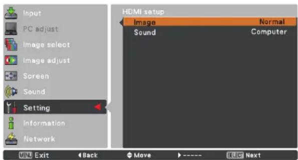 Input PC adjust Image select Image adjust Screen Sound Setting Information Network HDMI setup Image Normal Sound Computer VOUT Exit Back Move ---- SELECT Next