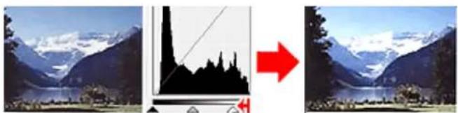 Panoramic view of a mountain range with snow-capped peaks and a red arrow pointing to a silhouette of a forested valley (no text or symbols)