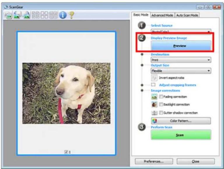ScanGear Basic Mode Advanced Mode Auto Scan Mode Select Source PhotoColor Display Preview Image Preview Destination Print Output Size Flexible Invert aspect ratio Adjust cropping frames Image corrections Fading correction Backlight correction Gutter shadow correction Color Pattern... Perform Scan Sc…